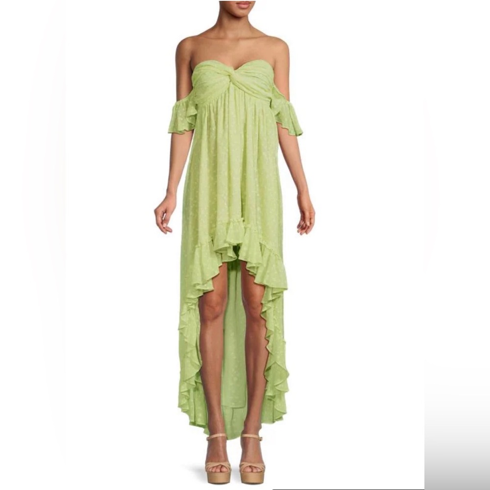 NWT MSRP $460 Misa Los Angeles Xirena Polka Dot High-Low Off-Shoulder Dress